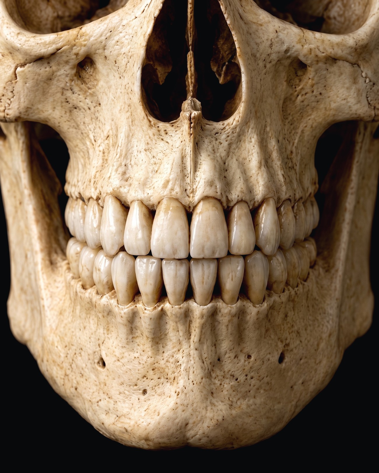 Photorealistic close-up of the upper and lower jaws with the teeth meeting in a natural bite.