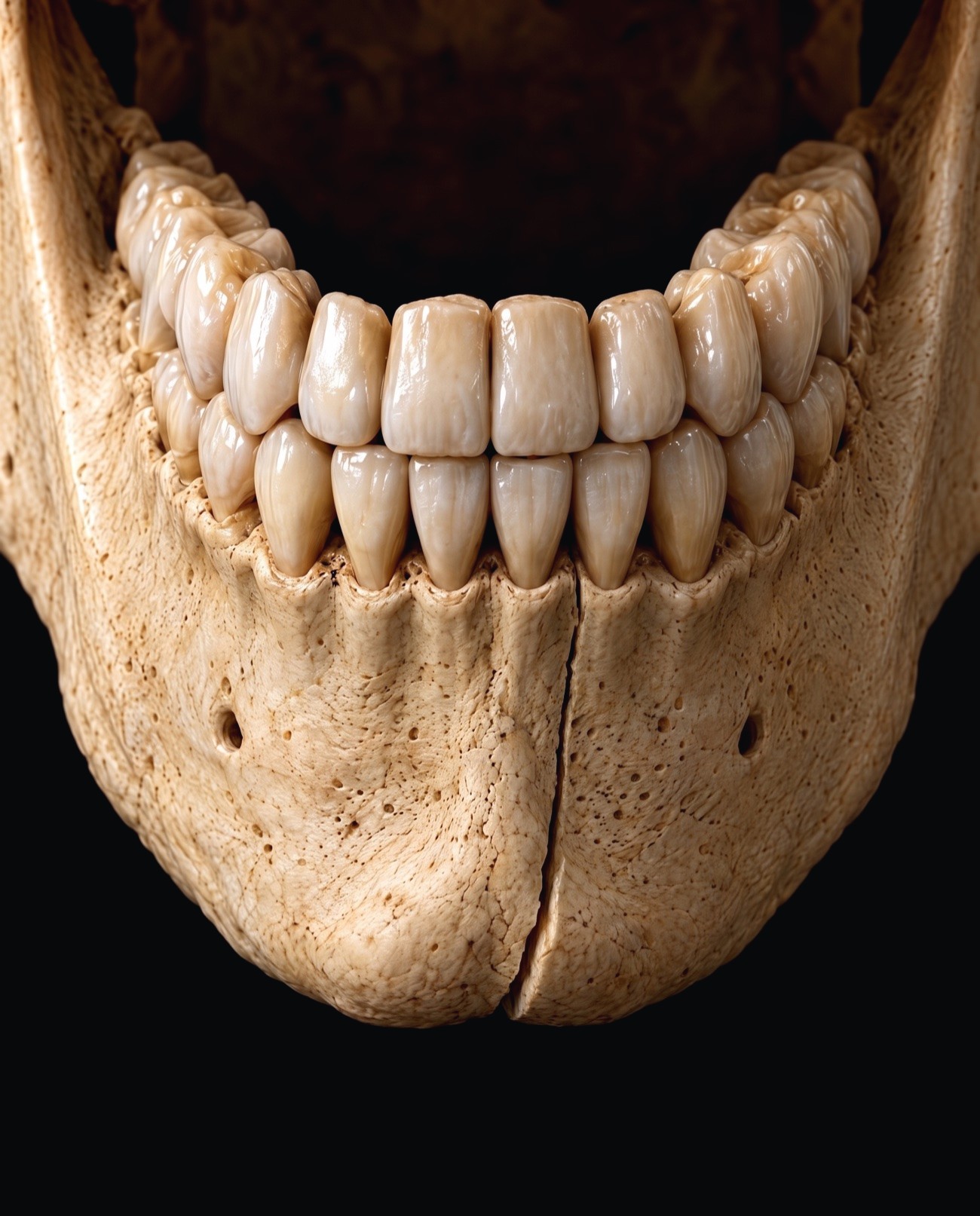 Close-up of a lower jaw bone with a break through it.