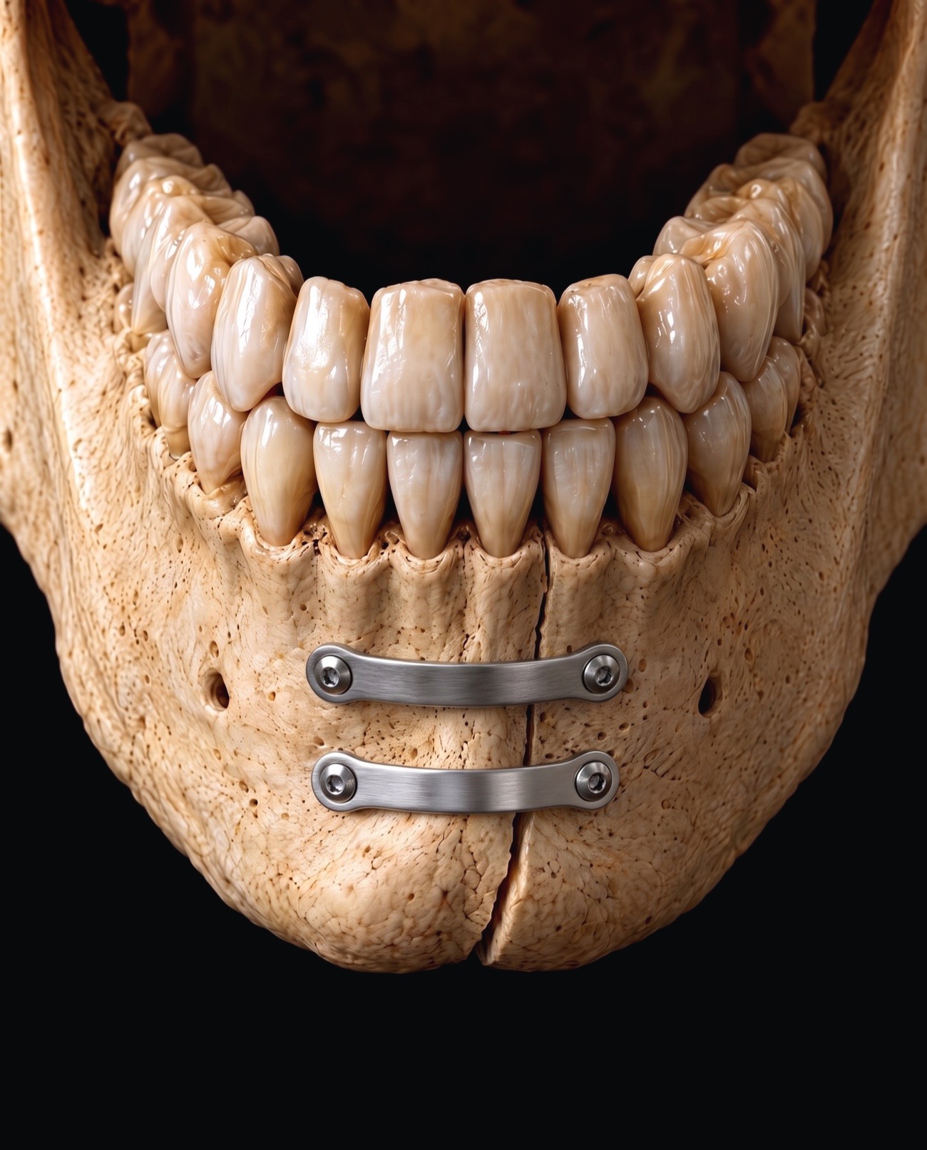 The same lower jaw, now held together by a titanium plate and screws across the break.