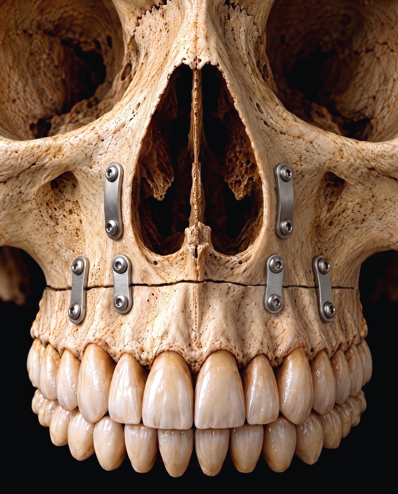 The same upper jaw held together by small titanium plates and screws across the fracture.