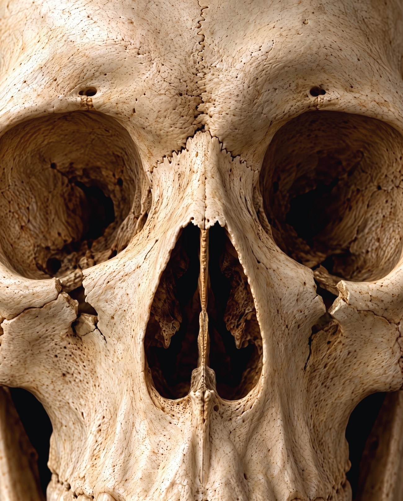 A skull where the thin floor of each eye socket is broken and pushed down (a blowout fracture).