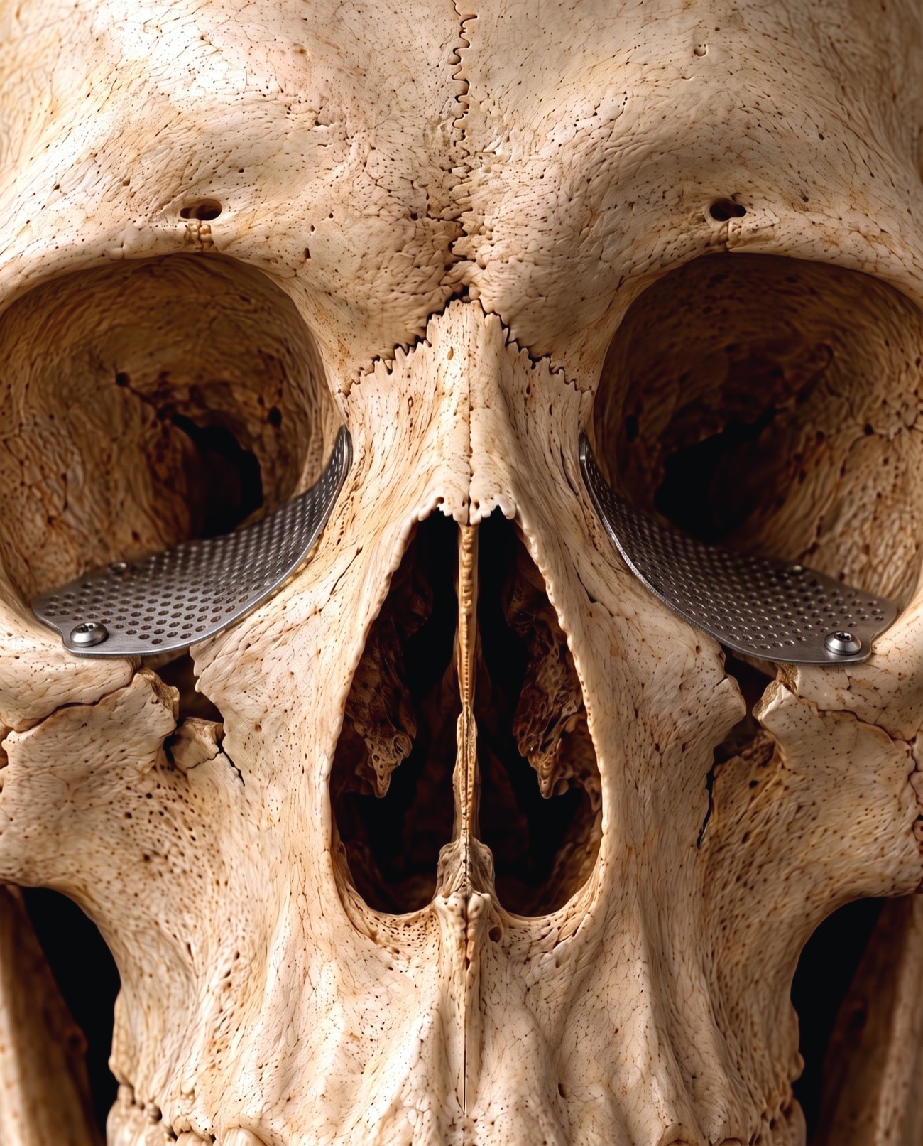 The same eye sockets with a thin titanium mesh laid across each floor to rebuild it, held by small screws.