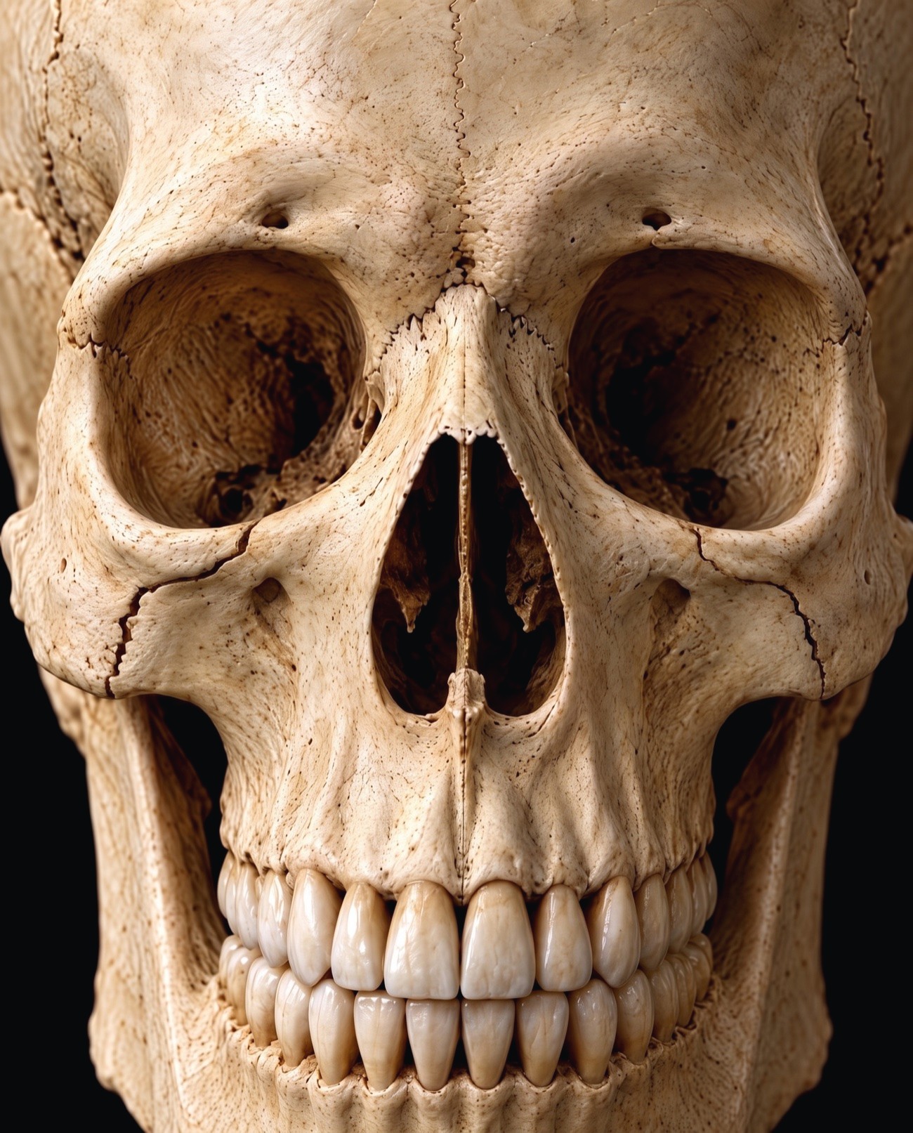A skull with a broken cheekbone on one side, pushed in and cracked at the eye socket and cheek.