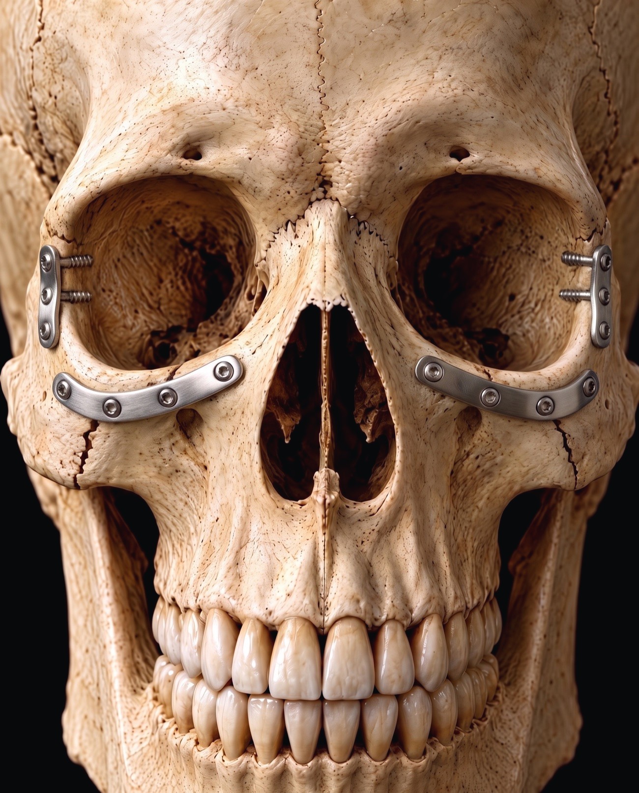 The same cheekbone held back in position by small titanium plates and screws at the eye socket rim and cheek.