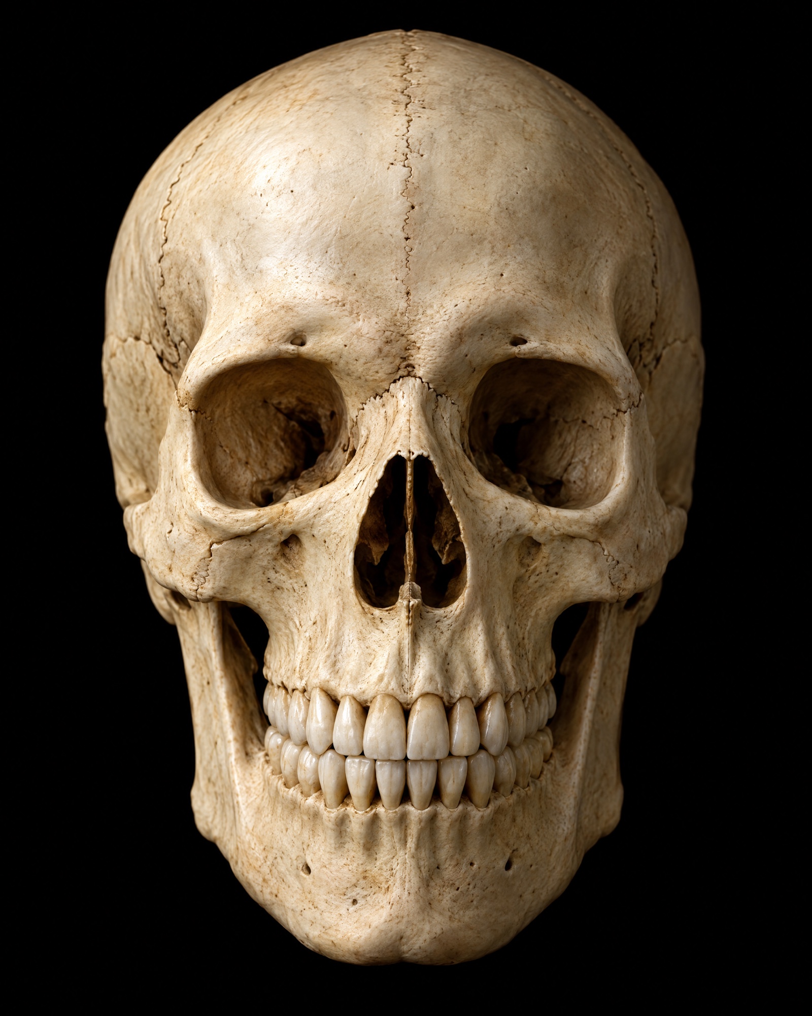 Photorealistic human skull, front view, on a black background.